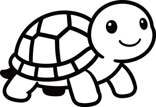 Simple line drawing of a cartoon turtle with a smiling face and patterned shell
