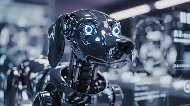 Futuristic Metallic Robot Dog with Glowing Blue Eyes in Laboratory
