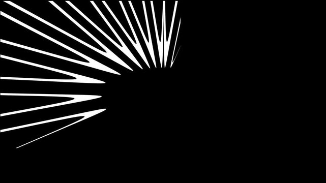 Bold white geometric pillars expanding to form a complex circular pattern on black