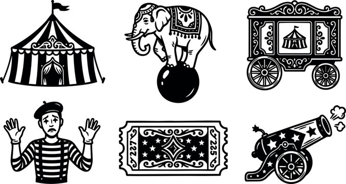 Black and white vintage circus elements with clown elephant ticket cannon