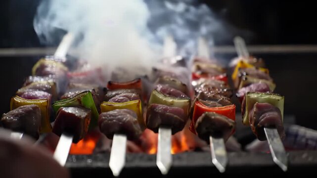 Sizzling Meat and Vegetable Kebabs Grilling on Barbecue with Smoke and Flames