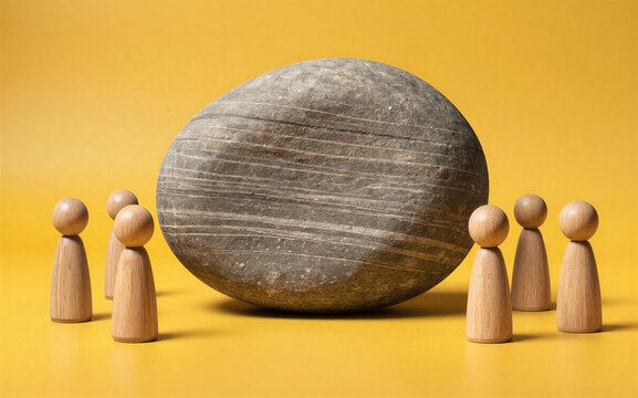 Small wooden figures face a large heavy stone on vibrant yellow