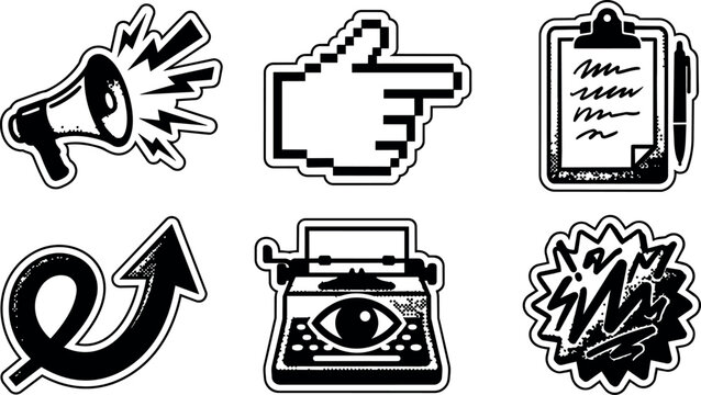 Black and white vintage style icons megaphone pointer clipboard arrow typewriter eye scribble