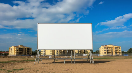Obraz premium Blank white billboard for advertisement in the front of construction site against the residential buildings