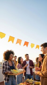 Diverse group of happy young friends enjoying a summer rooftop party with food and snacks at sunset, featuring a woman holding a tray of corn and popcorn under festive yellow bunting flags