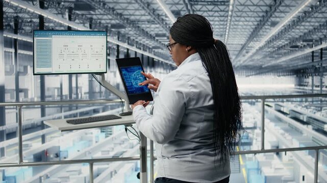 Businesswoman monitoring PCB smart factory workflow using AI deep learning EDA software. African american female manager uses artificial intelligence simulation to track microchip production, camera A