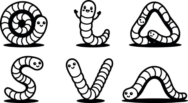 Cute cartoon worms forming letters o l a s v and w black and white line art