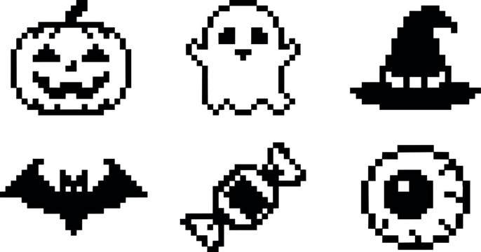Pixel art black and white halloween icons pumpkin ghost witch hat bat candy eyeball