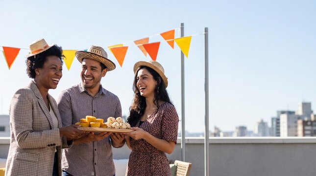 Three diverse friends laughing together at a festive rooftop party during the day, wearing straw hats and holding a wooden tray filled with traditional snacks and treats against a city skyline