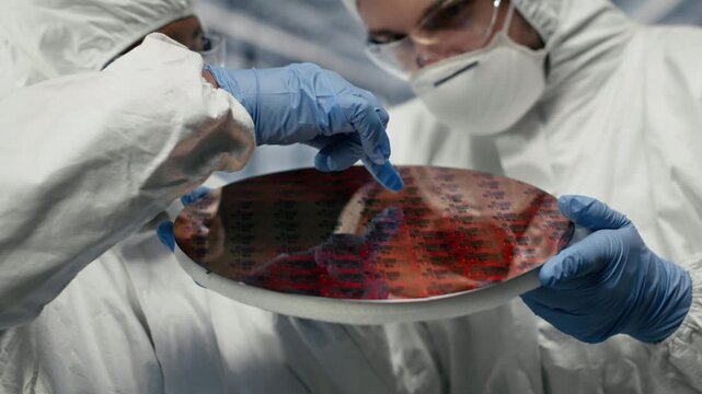 Analyzing semiconductor substrates, microchip and SOC architecture designers in factory. Cooperating, silicon wafers and professionals in doing quality control in microelectronics plant, camera B
