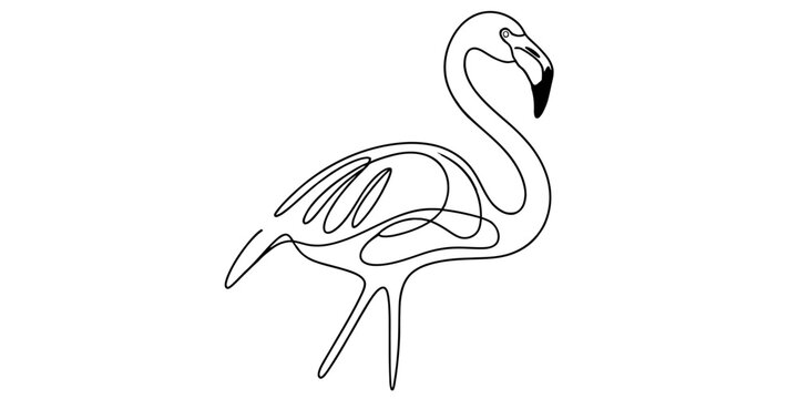 Minimalist continuous line art illustration of a graceful flamingo standing in side profile view