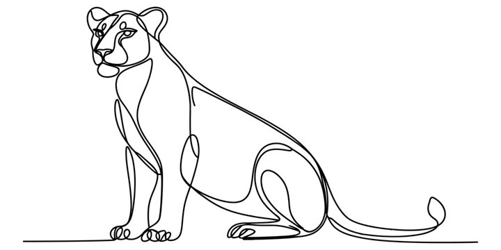 A minimalist single line drawing of a majestic lioness sitting calmly against a plain background