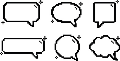 Obraz premium Pixel art six black speech bubbles with sparkle highlights vector line art