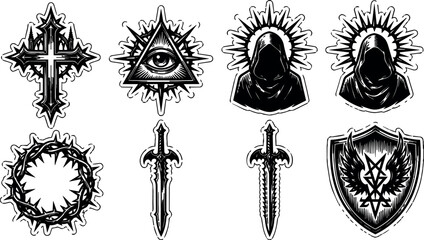 Fototapeta premium Black and white gothic cross eye hooded figure sword and shield vector art