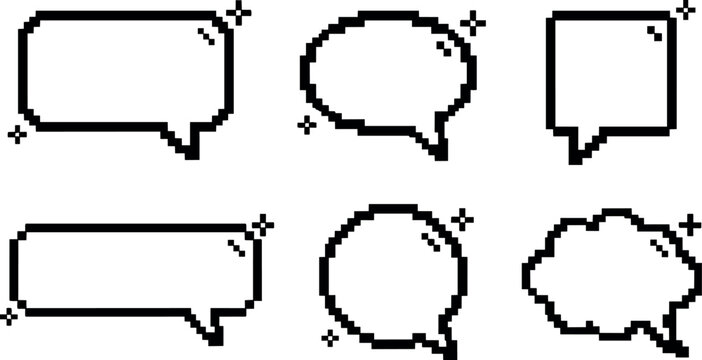Pixel art six black speech bubbles with sparkle highlights vector line art