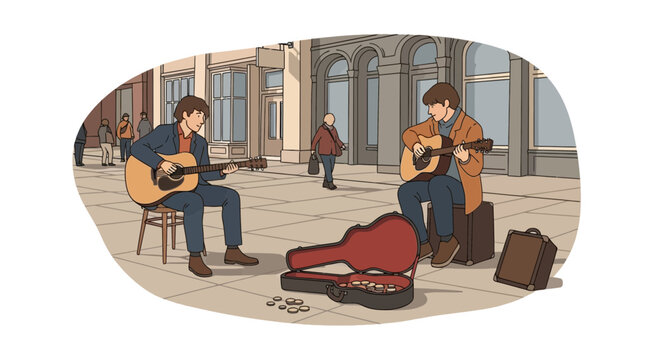Two Street Performers Playing Acoustic Guitars in Urban Setting Illustration
