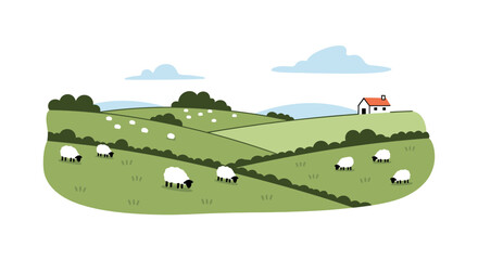 Naklejka premium Rural countryside illustration with grazing sheep and green hills