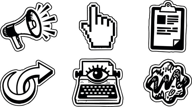 Black and white vintage style megaphone cursor clipboard loop arrow typewriter with eye and paint splash vector art