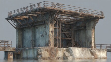 Fototapeta premium Massive weathered industrial advertising display structure by water, showcasing decaying construction and urban decay.