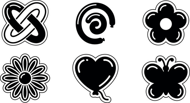Black and white icons of balloon heart flower butterfly spiral and knot