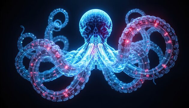 Digital Render of a Bioluminescent Octopus Floating in Deep Space, Sci-Fi Concept