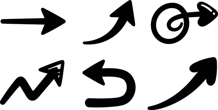 Black hand drawn arrows set with various directions and shapes vector art