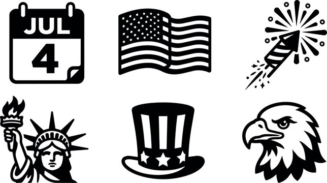 July 4 calendar flag firework statue of liberty hat eagle vector icons