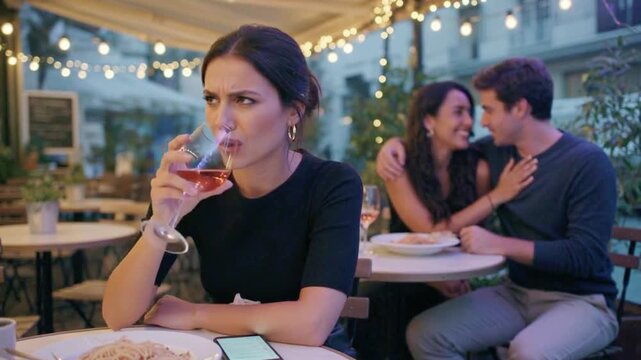 A jealous woman feeling envious while watching happy couple 