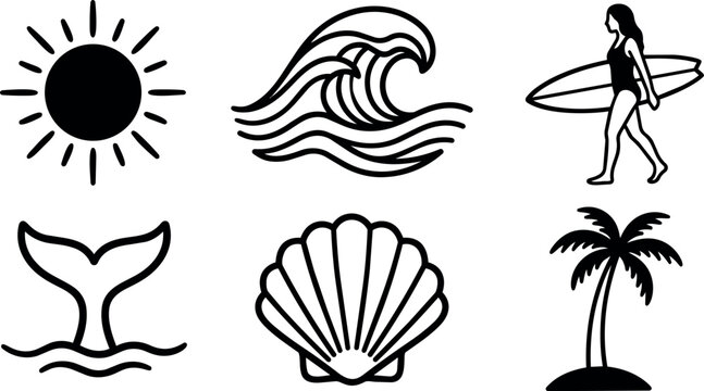 Black and white icons of sun wave surfer shell whale tail and palm tree