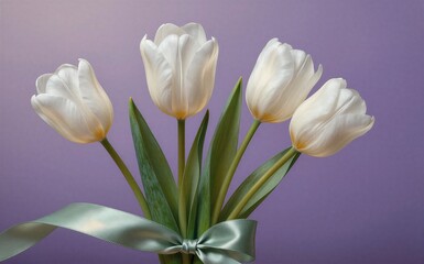 Fototapeta premium White tulips tied with ribbon elegant against soft purple background.