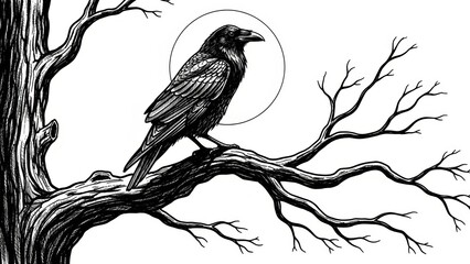 Obraz premium Ink drawing of a raven on a branch against a white circle.