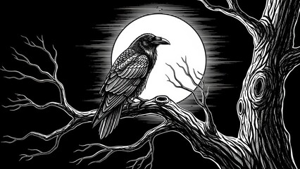 Naklejka premium Raven on a tree branch in front of a full moon.