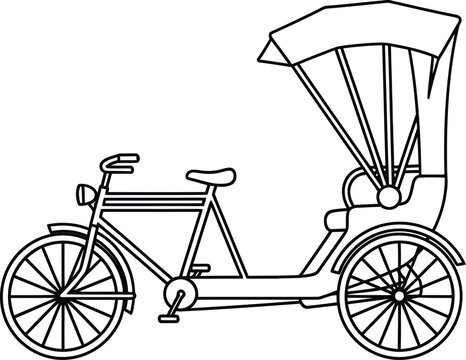 simple line art vector icon of a cycle rickshaw with driver seat and passenger canopy