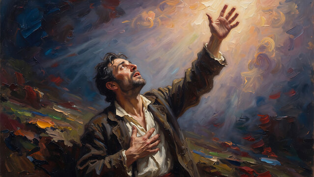 Man Reaching Upwards Towards Divine Light With Expressive Face And Open Hands Dramatic Lighting