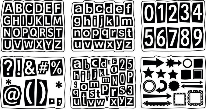 Black and white ransom note style letters numbers and symbols vector art