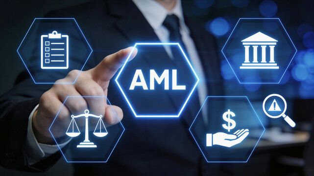 AML Anti Money Laundering and Financial Compliance Concept with Business Professional Touching Digital Interface
