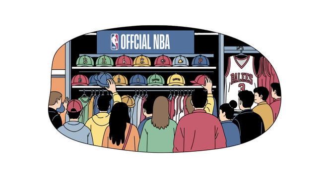 People Shopping for Basketball Merchandise in NBA Store Illustration