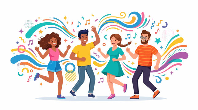 Vibrant vector art featuring diverse characters dancing joyfully, celebrating a global dance event with artistic flair, enhanced by ornate rhythm elements and set against a clean white