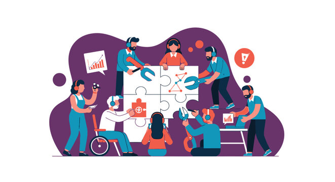 Diverse Team Solving Puzzle Together.