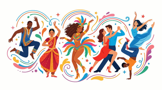 Vibrant vector illustration celebrating International Dance Day, featuring diverse characters engaged in various dancing styles with artistic flair and ornate details against a clean white