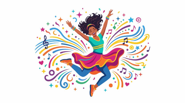 Vibrant vector art celebrating International Dance Day shows a joyful female character dancing energetically amidst swirling musical notes and colorful, ornate designs against a clean white