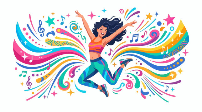 Vibrant vector art celebrating International Dance Day, depicting a joyful female dancer leaping against a white background with colorful stylized musical notes and ornate flourishes