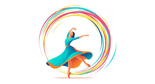 Vector illustration celebrating International Dance Day, showcasing a stylized character of a dancer in motion with an ornate, colorful swirl in the background, conveying artistic