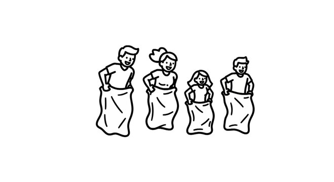 Family Participating in a Potato Sack Race Line Art Illustration