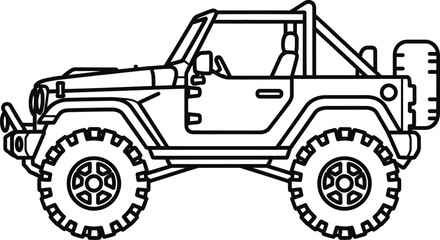 simple line art vector icon of a rugged jeep off road vehicle with large tires, side view © musaannarabbi007