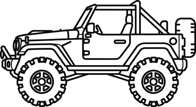 simple line art vector icon of a rugged jeep off road vehicle with large tires, side view