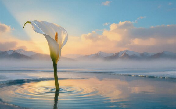 A white calla lily stands in water misty mountains glow behind.