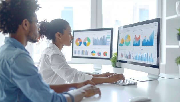Young Diverse Startup Team Collaborating on AI Analytics Dashboard Displayed on Dual Large Monitors with Colorful Pie Charts and Bar Graphs in Bright Modern Office Workspace