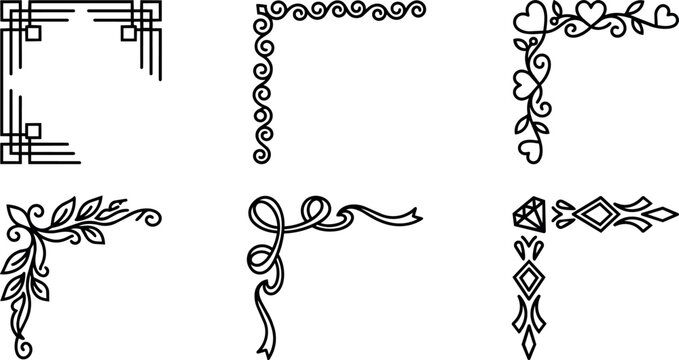 Ornamental black corner borders with hearts leaves swirls ribbon and geometric shapes