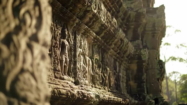 Ancient Khmer Temple Stone Carvings: Detailed Bas-Reliefs of Apsara Figures on Weathered Wall